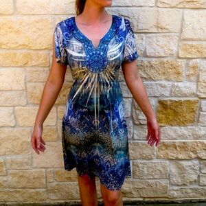 World Unity Blue and White Embroidered Patterned Dress
Size Small